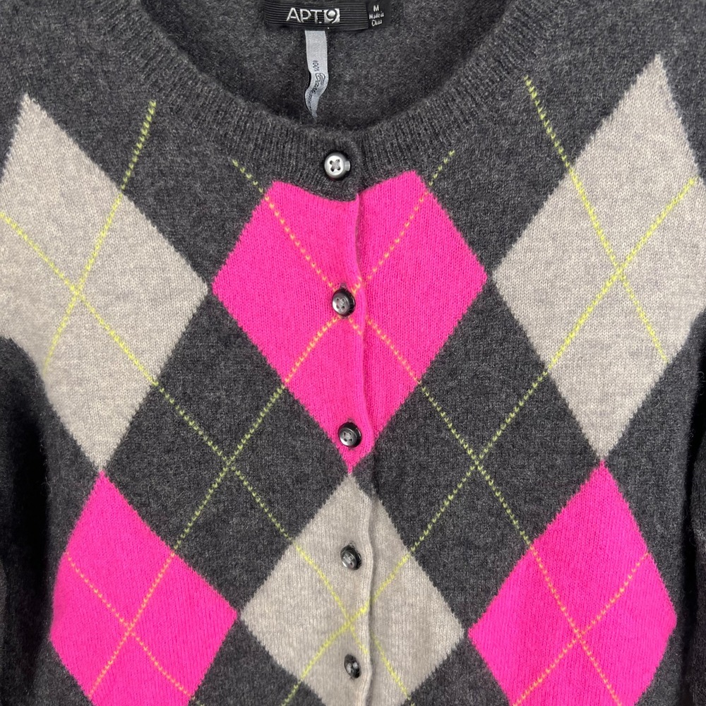 100% Cashmere Argyle Cardigan Medium Grey Pink Preppy Academia Teacher Layers - Picture 2 of 10